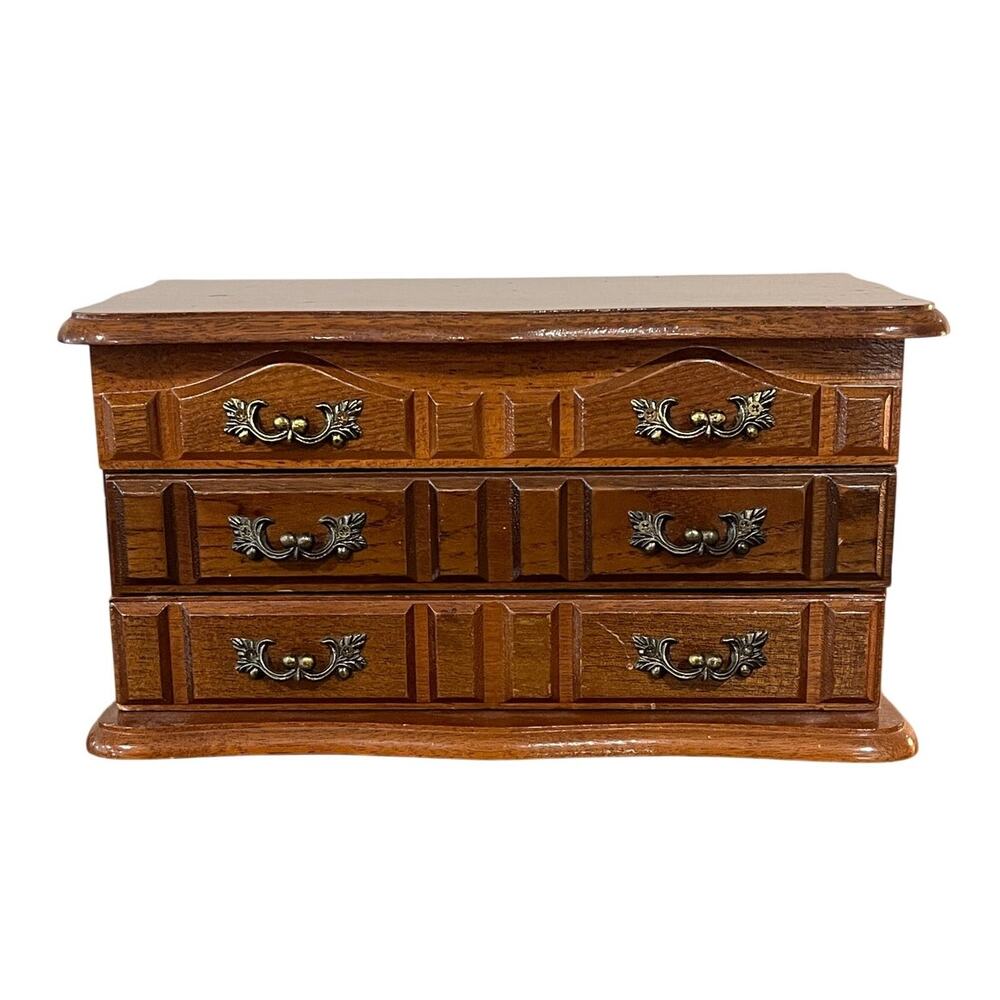Vintage Wooden Jewelry Box Chest with Mirror 3 Drawers Felt Lined Ring Storage - Picture 2 of 16